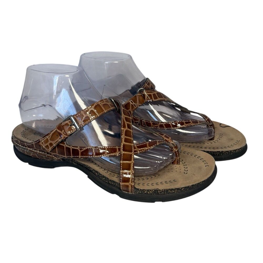 Ecco Patent Leather Croc Sandals Brown Women 9 9.5 Slip On Shoes Casual Comfort